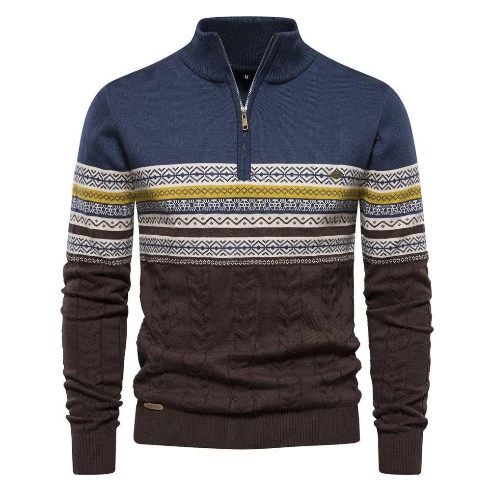 Herrenpullover mit Reißverschluss, blau-braun, Strickmuster, Wintermode, Baumwolle.