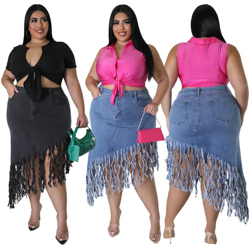 Damen-Jeansrock mit Fransen, Plus-Size, blau, modisch, vielseitig, Sommermode, Streetwear.