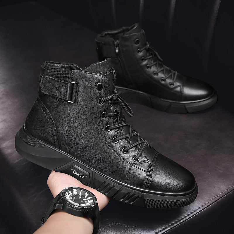Schwarze Herren-Sneaker aus Leder, hohe Knöchel, modisch, bequem, mit Schnürung.