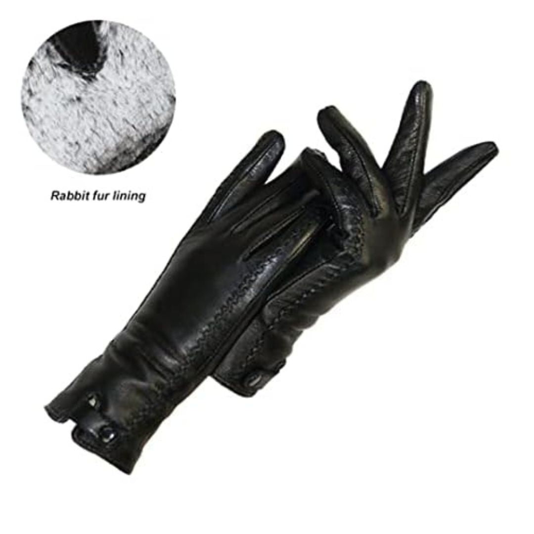 Schwarze Lederhandschuhe mit Kaninchenfellfutter, elegant, warm, Winteraccessoire.