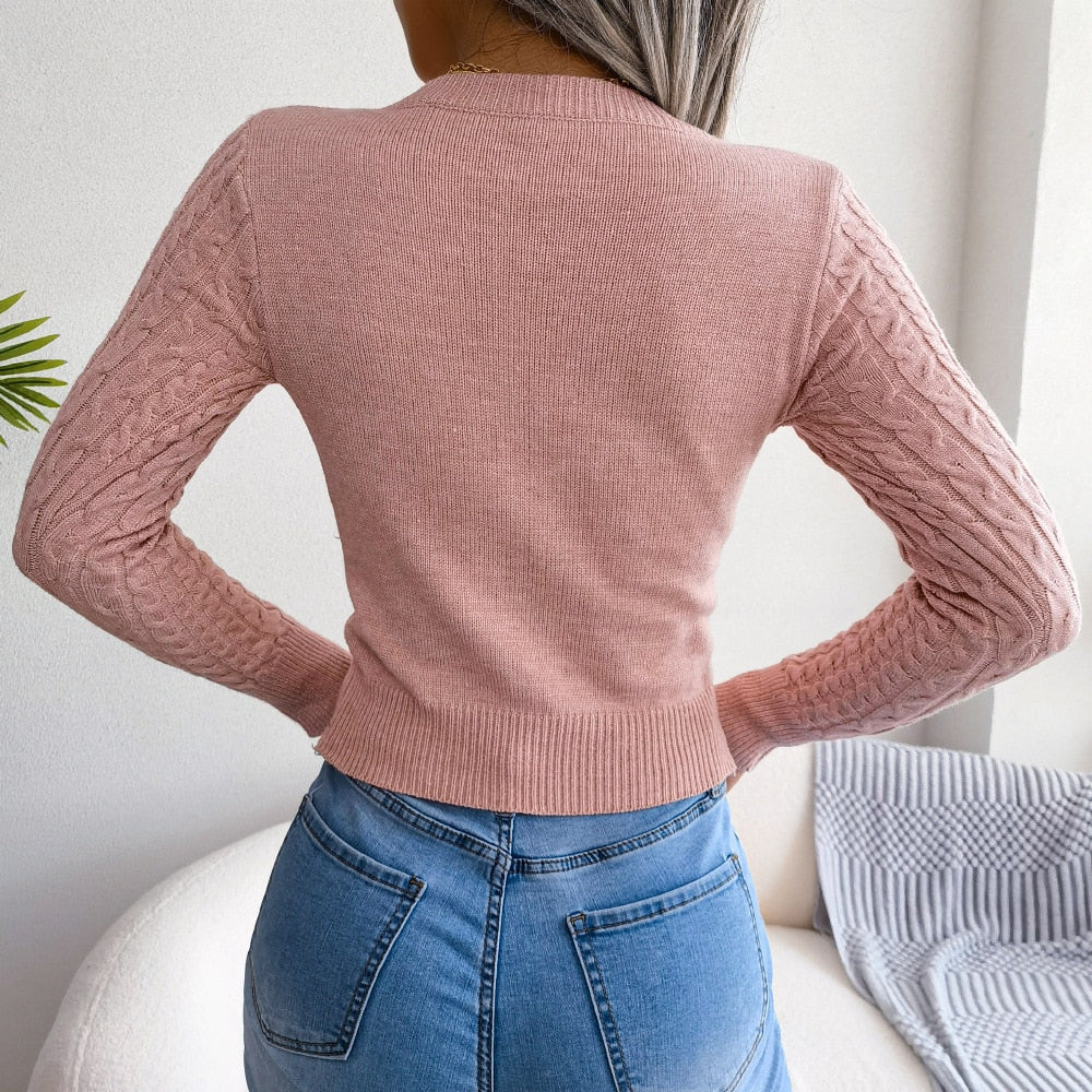 Damen Strickpullover rosa, Zopfmuster, langärmelig, modisch, bequem, Freizeitkleidung.