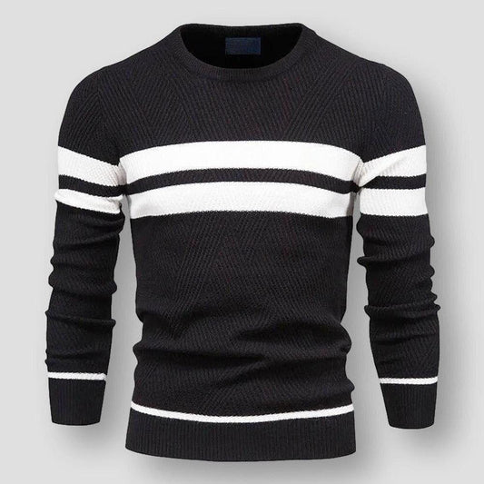 Schwarzer Strickpullover mit weißen Streifen, Herrenmode, gemütlich, Baumwolle.