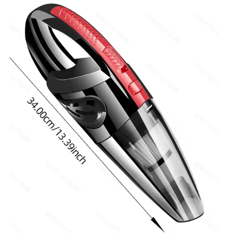 Schwarzer Handstaubsauger mit rotem Griff, kabellos, kompakt, 34 cm, ideal für Auto und Haushalt.