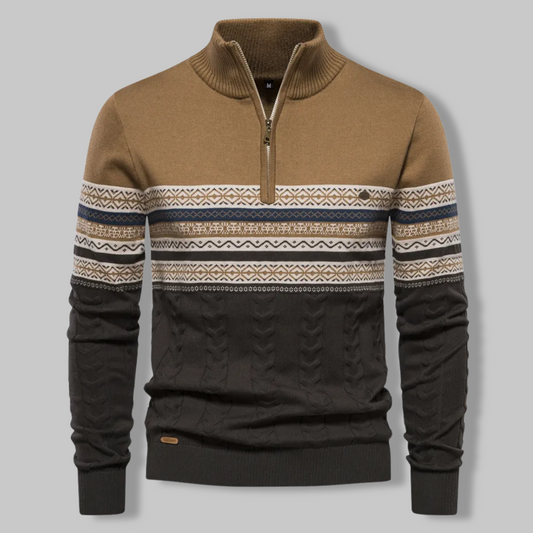 Herrenpullover mit Reißverschluss, braun-schwarz, Strickmuster, Wintermode, Baumwolle.