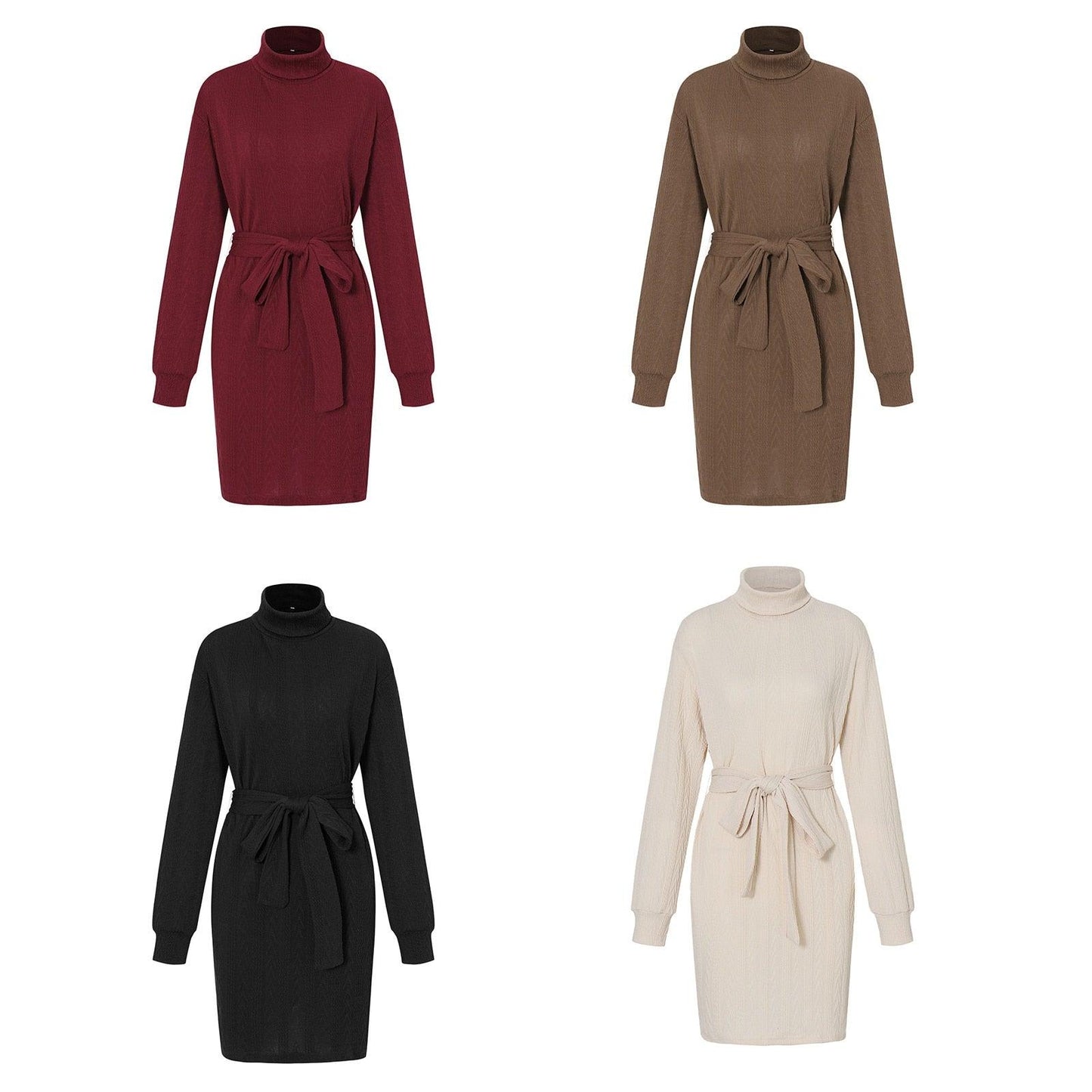 Vier Rollkragenkleider mit Gürtel in Rot, Braun, Schwarz und Weiß, Damenmode, Herbst/Winter.
