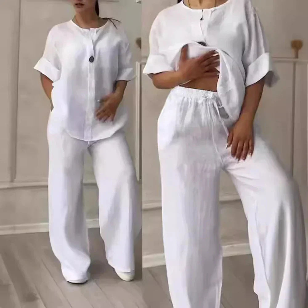Höstligt och stilrent set med blus och vida byxor i linne – Melina