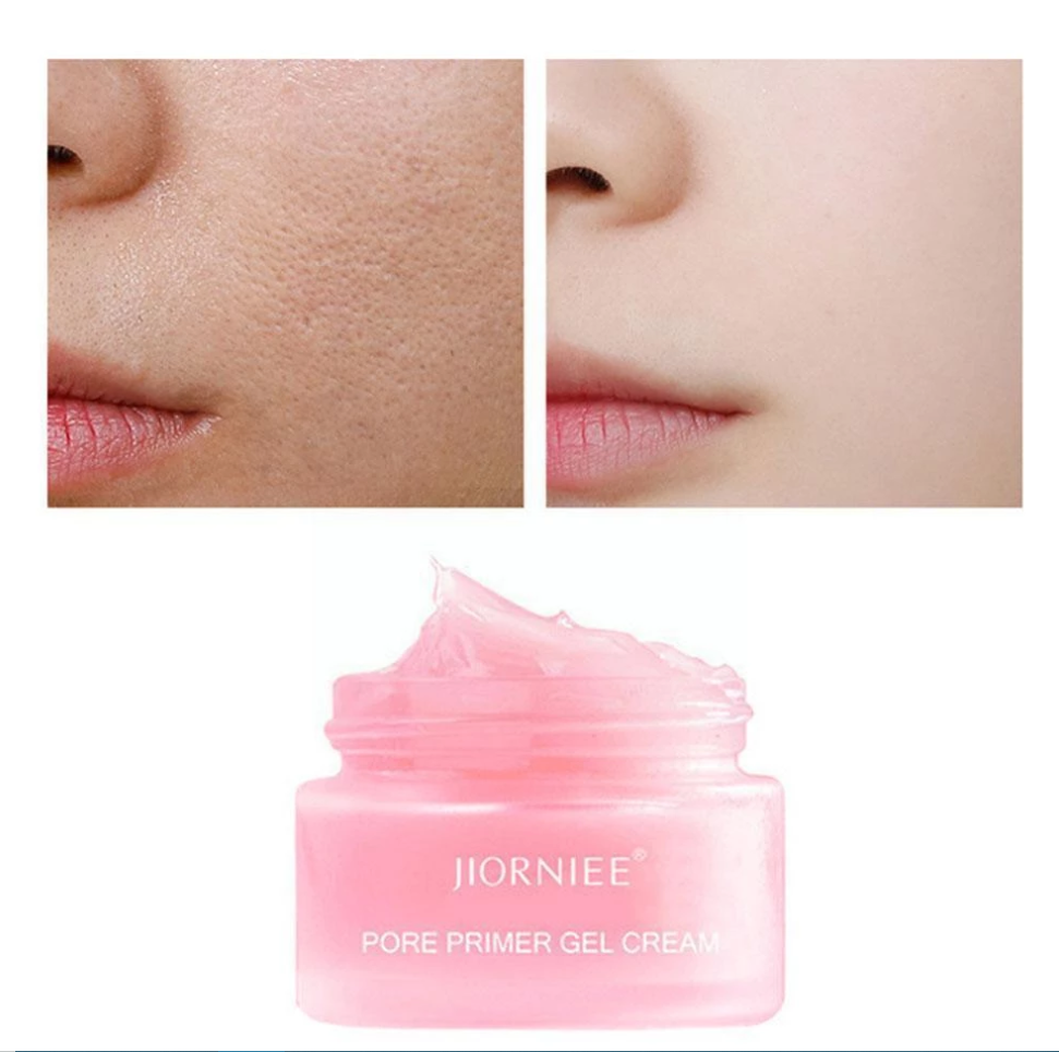 Jiorniee Poren-Primer Gel-Creme, rosa, Hautpflege, Porenverfeinerung, Vorher-Nachher-Effekt.