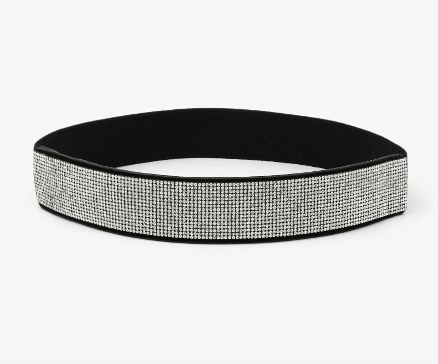 Schwarzes Stirnband mit silbernen Strasssteinen, elastisch, modisches Accessoire.