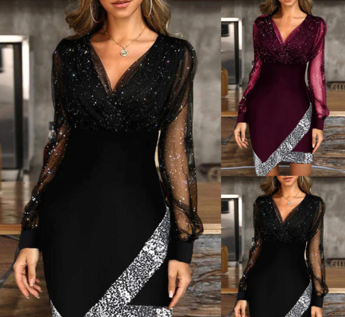 Damenkleid mit Pailletten, V-Ausschnitt, Langarm, Schwarz und Weinrot, elegant, Abendmode.