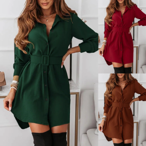 Damen-Hemdkleid in Grün, Rot und Braun, Langarm, Gürtel, Knopfleiste, modisch, elegant.