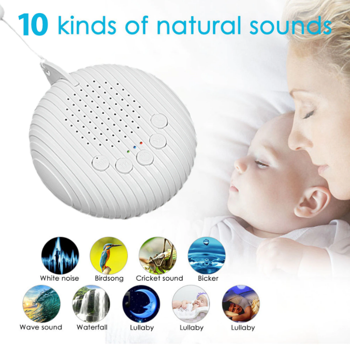 Weißer runder Soundmaschine mit 10 Naturklängen, Baby schläft daneben.