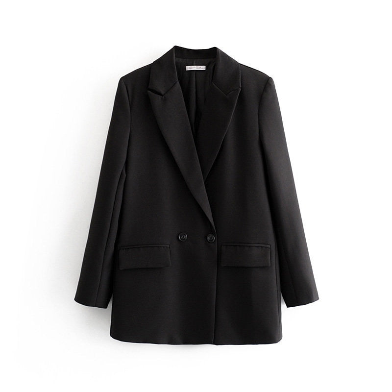 Schwarzer Damenblazer, klassisch, elegant, langärmelig, für Büro und Business-Outfits.