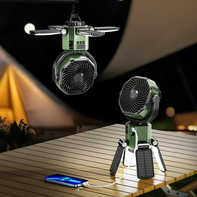 Solcellsdriven campingfläkt med 6000 mAh-batteri, LED-lampa och 4 hastighetsinställningar – SunBreeze