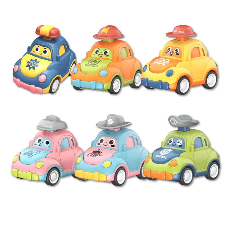 Sechs bunte Spielzeugautos aus Kunststoff mit Tiermotiven und Hüten, ideal für Kinder.