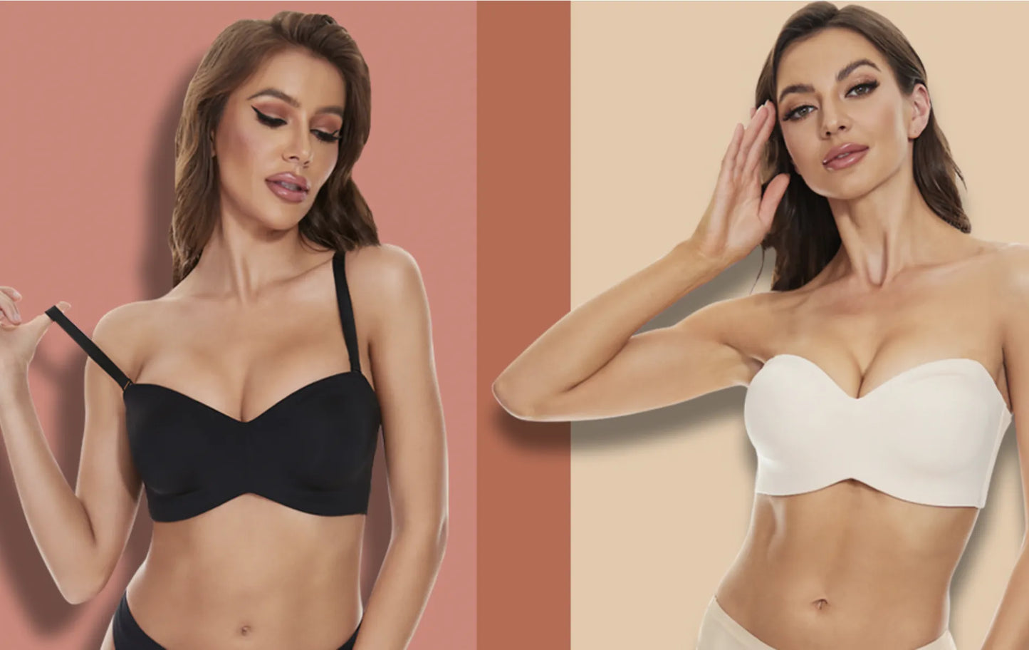 Zwei Frauen in schwarzen und weißen trägerlosen BHs, nahtlos, bequem, modisch, Unterwäsche.