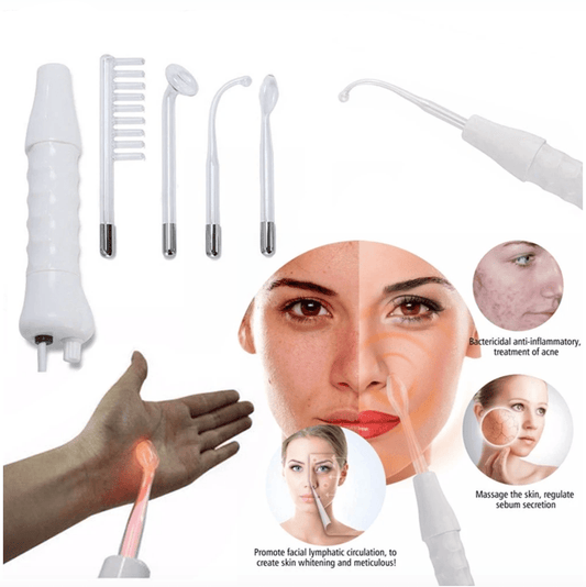 Hochfrequenzgerät zur Hautpflege, Aknebehandlung, Anti-Aging, weiß, mit verschiedenen Aufsätzen.