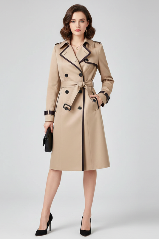 Modell i beige knälång trenchcoat med mörka kanter och knuten skärp, svart väska och svarta klackskor, sedd framifrån. 2