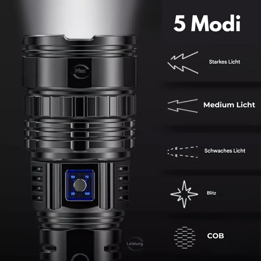 Schwarze LED-Taschenlampe mit 5 Modi, starkes Licht, COB, Blitz, leistungsstark, kompakt.