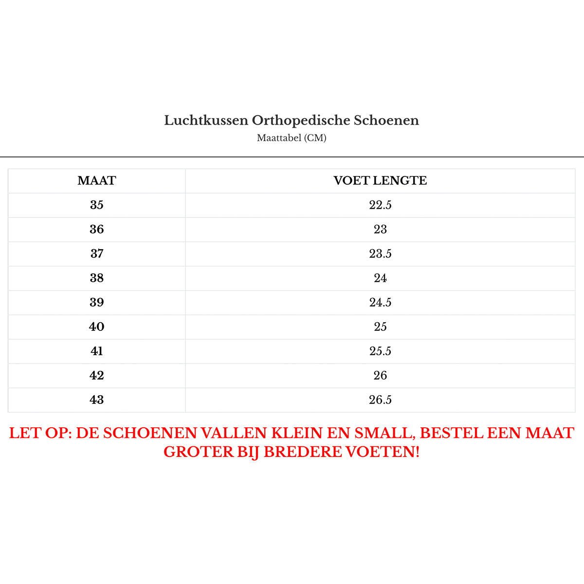 Größentabelle für Luftkissen Orthopädische Schuhe, Größen 35-43, Hinweis auf kleine Passform.