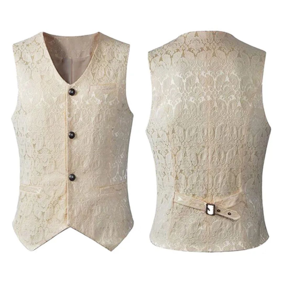Beige Herrenweste aus Spitze, ärmellos, mit Knöpfen, elegantes Design, für formelle Anlässe.
