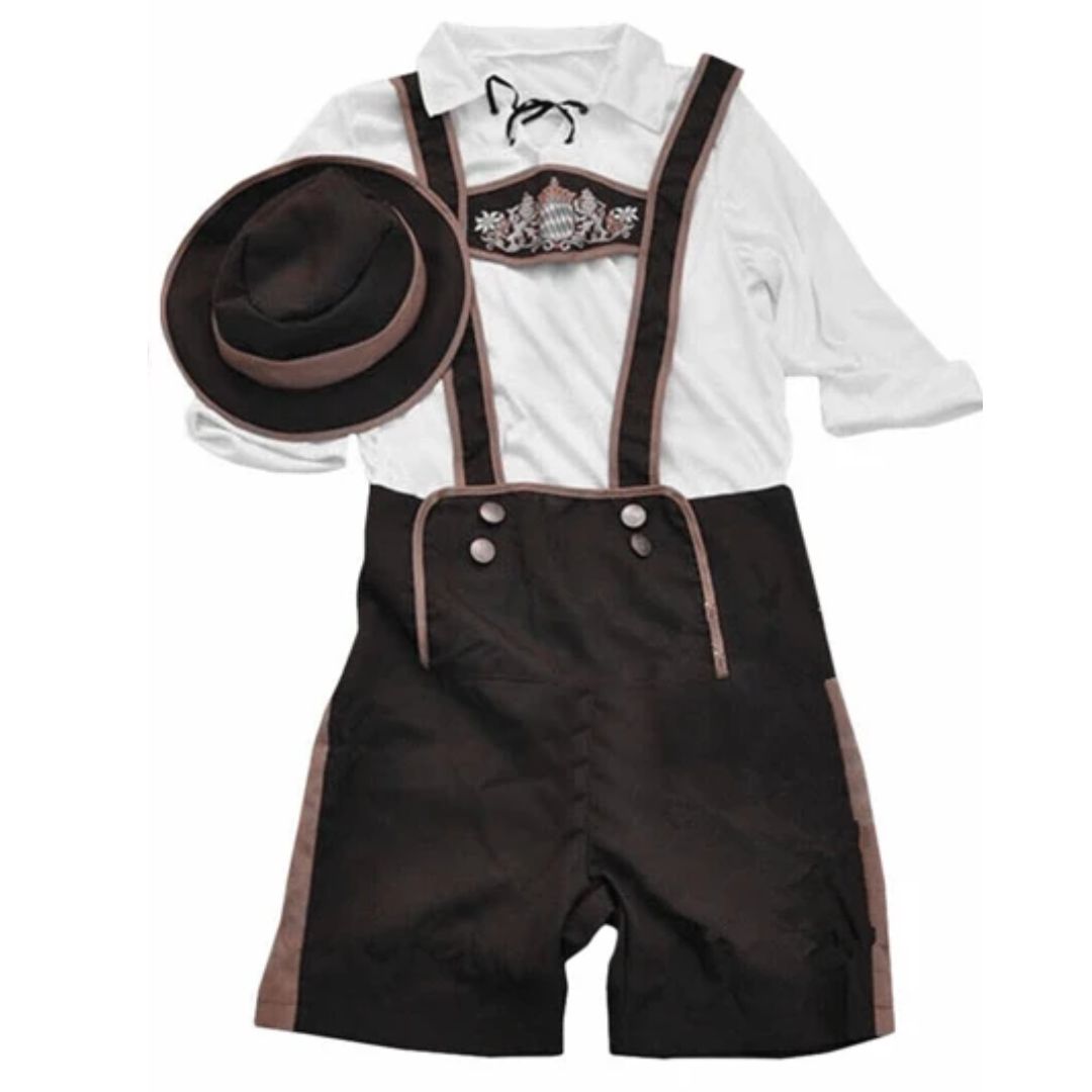 Traditionelle bayerische Lederhose mit weißem Hemd und Hut, Trachtenmode für Oktoberfest.