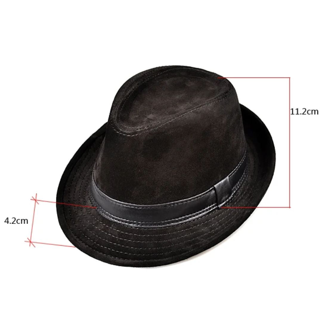 Schwarzer Filzhut mit Lederband, Maße 11,2 cm x 4,2 cm, elegantes Accessoire für Herren.