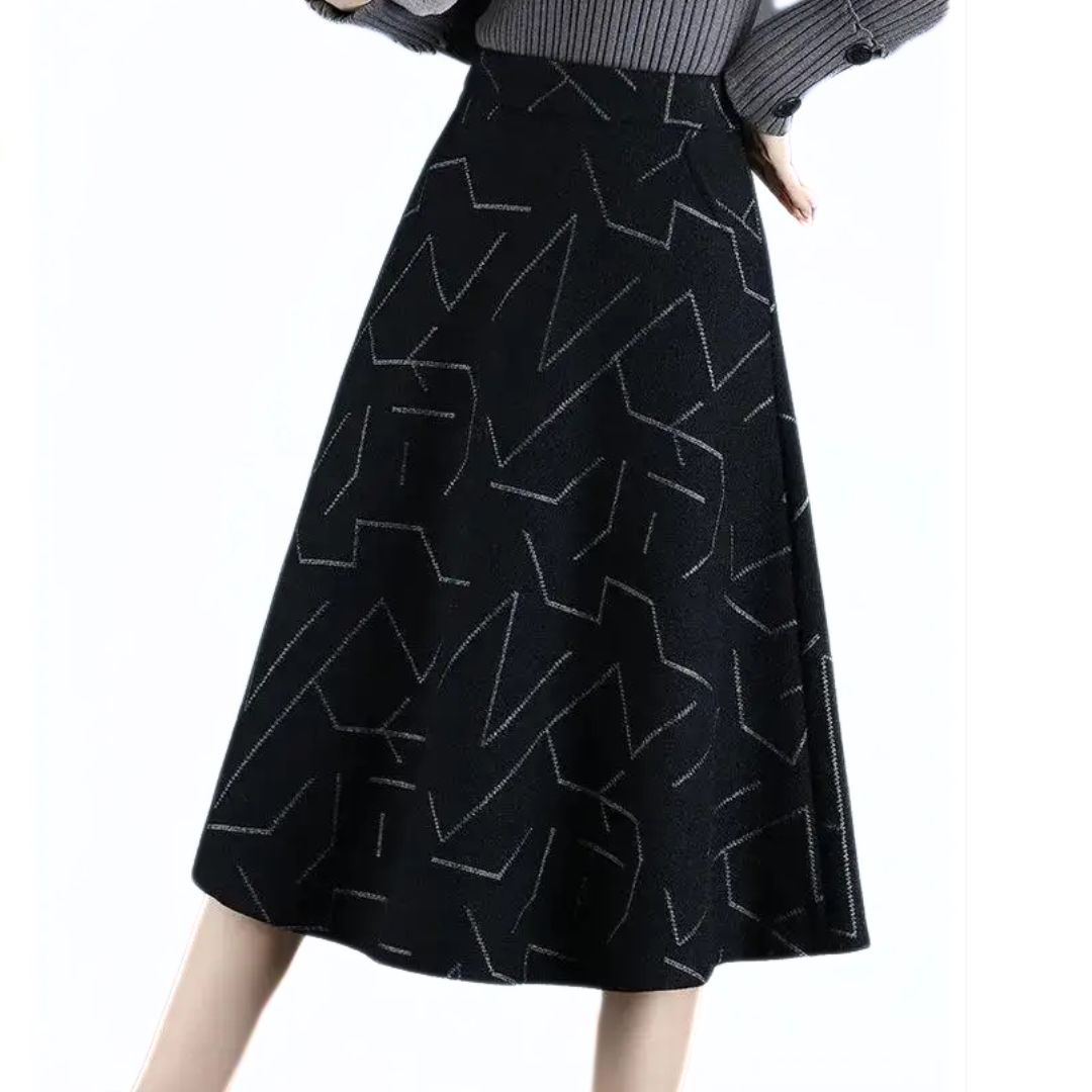 Schwarzer A-Linien-Rock mit geometrischem Muster, Damenmode, elegant, knielang.