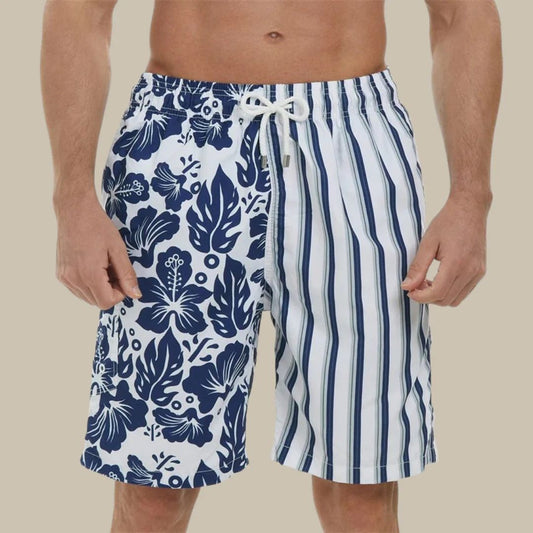 Herren-Badeshorts, blau-weiß, gestreift und geblümt, elastischer Bund, Kordelzug.