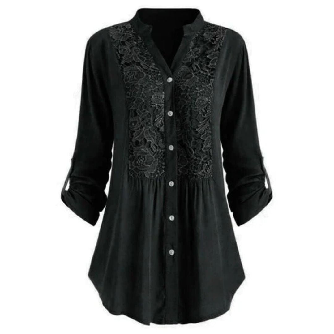 Schwarze Damenbluse mit Spitze, Knopfleiste, 3/4-Ärmel, elegant, modisch, Freizeitkleidung.