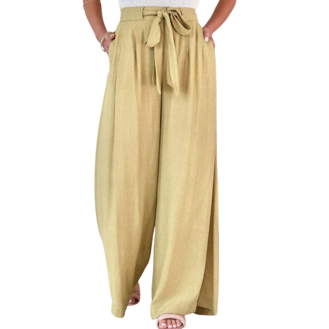 Damen weite Hose beige Leinen, hoher Bund, Kordelzug, Sommermode, lässig, bequem.