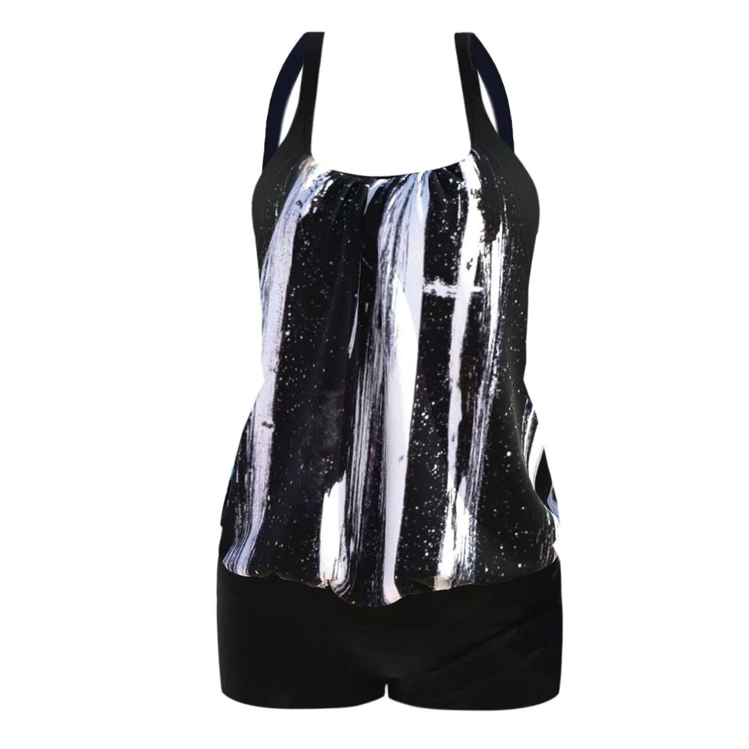 Schwarz-weiß gestreifter Tankini mit Shorts, Damen-Badeanzug, modisch, bequem.