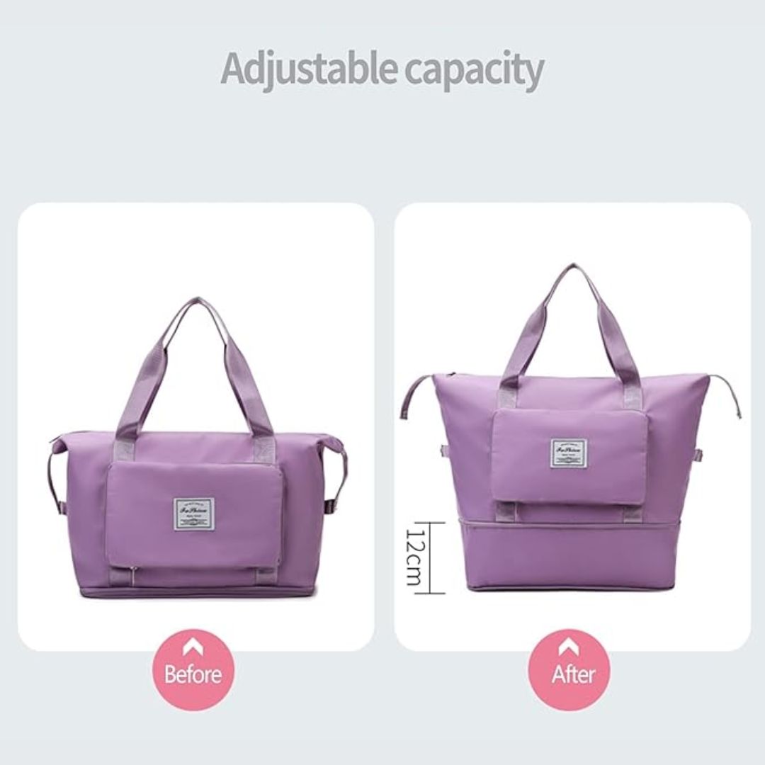 Lila Reisetasche mit verstellbarer Kapazität, robustes Material, ideal für Reisen.