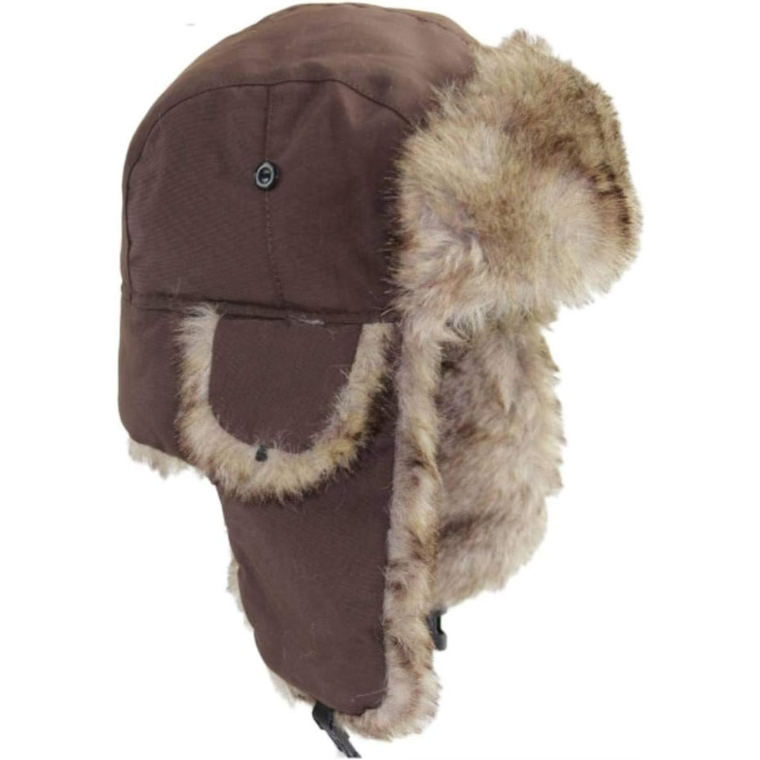 Braune Fliegermütze mit Kunstfell, Wintermütze, warm, winddicht, Unisex, Outdoor-Bekleidung.