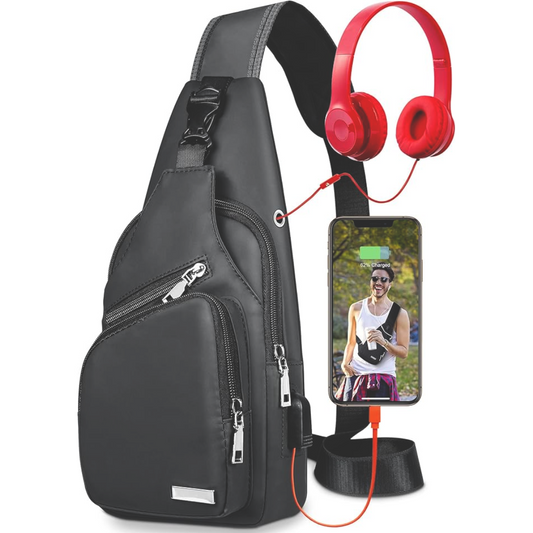 Schwarze Umhängetasche mit Kopfhörern und Smartphone, ideal für Reisen und Freizeit.