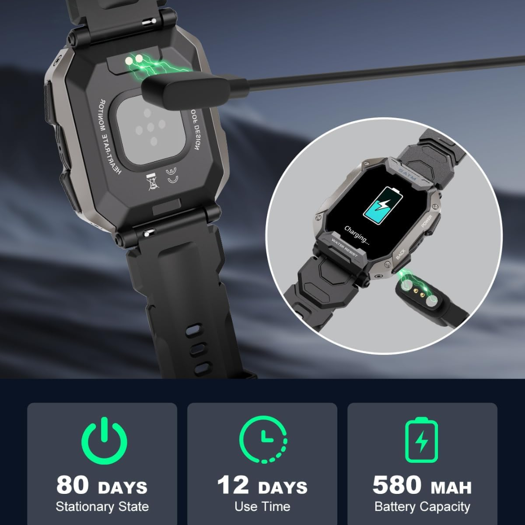 Schwarze Smartwatch mit Ladeanzeige, 580 mAh Akku, 12 Tage Nutzung, robustes Design.