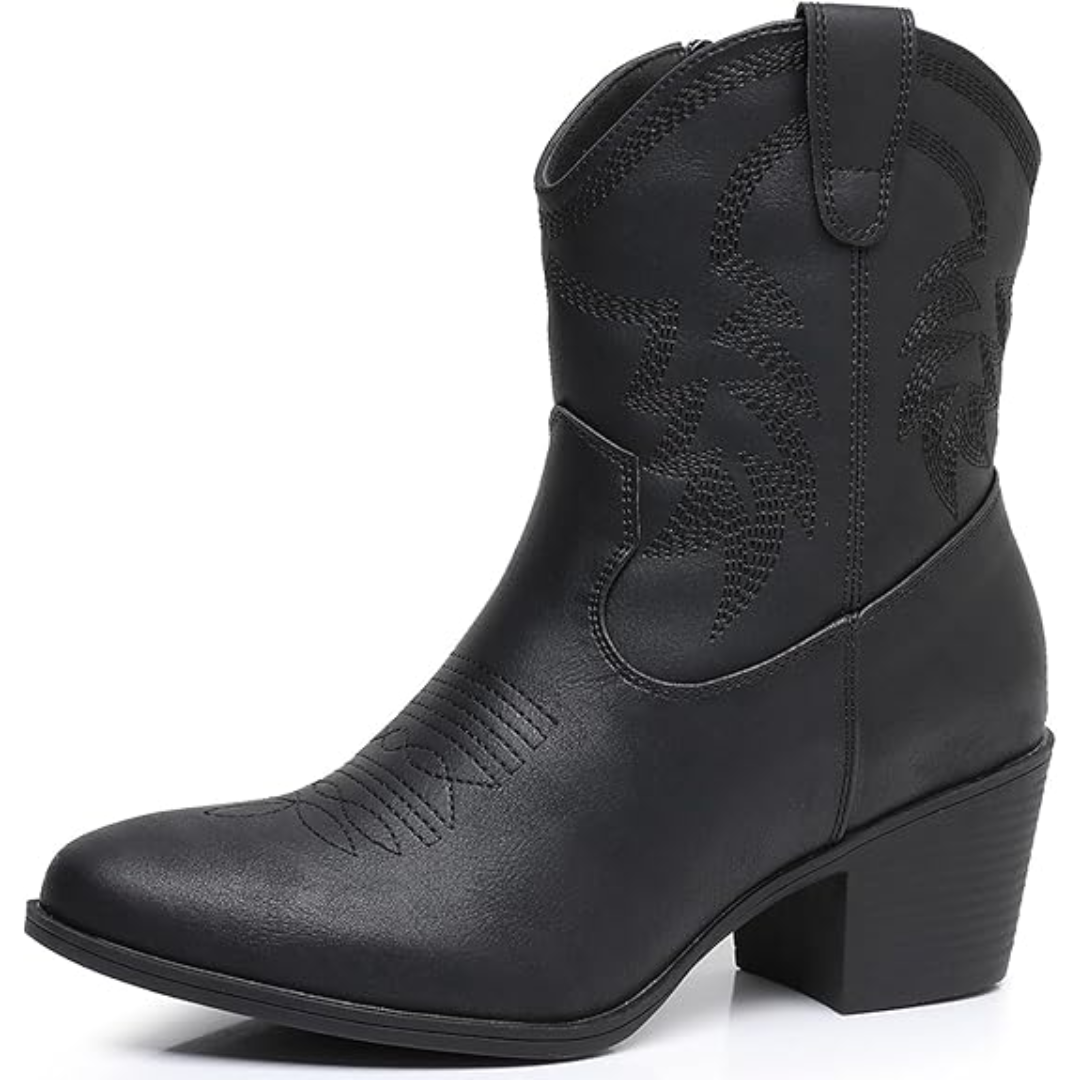 Schwarzer Cowboy-Stiefel aus Leder mit Absatz, Western-Design, Damenmode, Herbstschuh.
