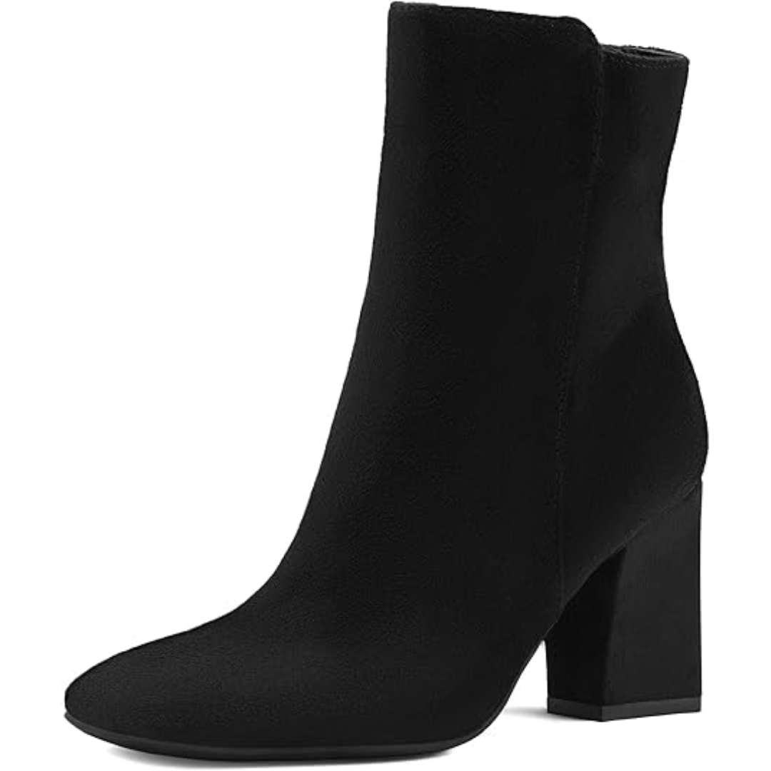Schwarzer Damen-Stiefelette, Wildleder, Blockabsatz, modisch, elegant, Herbst-Winter-Schuh.