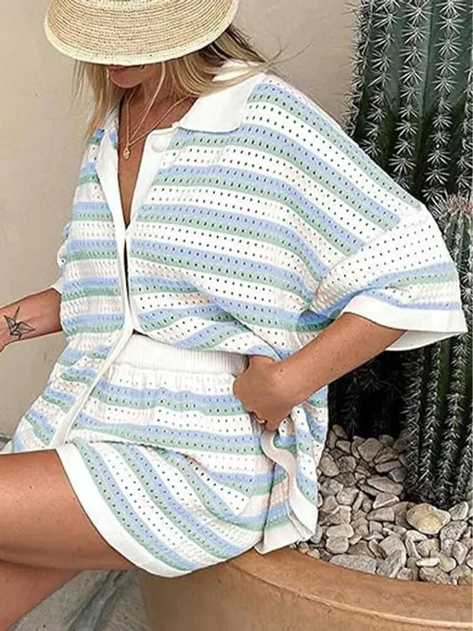 Randig dam sommarbyxa med topp och shorts – Faye