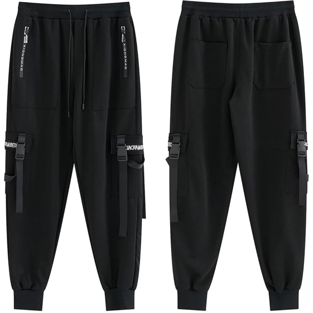 Schwarze Cargo-Jogginghose, Herren, mit Taschen, Kordelzug, sportlich, bequem, Baumwolle.