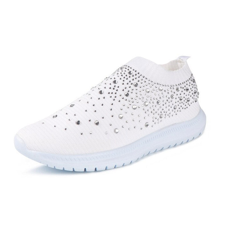 Weiße Damen-Sneaker mit Strasssteinen, atmungsaktives Material, modisch und bequem.