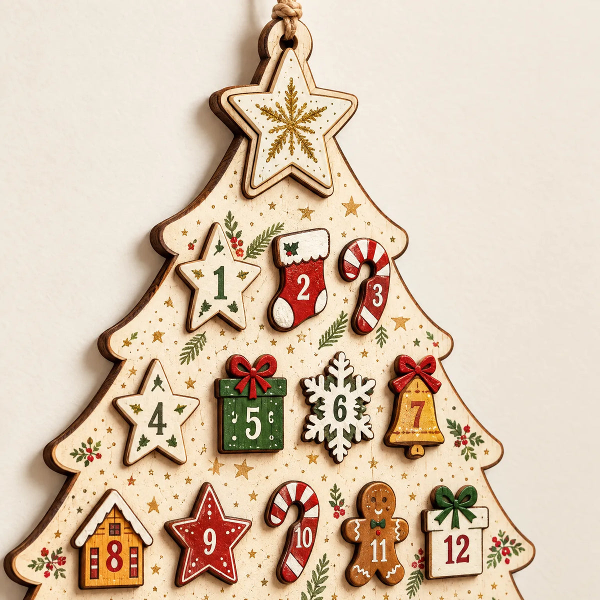 Närbild på toppen av adventskalendern med stjärnan och de första tolv figurerna: strumpa, polkagris, present, klocka, pepparkaksgubbe och hus. 3