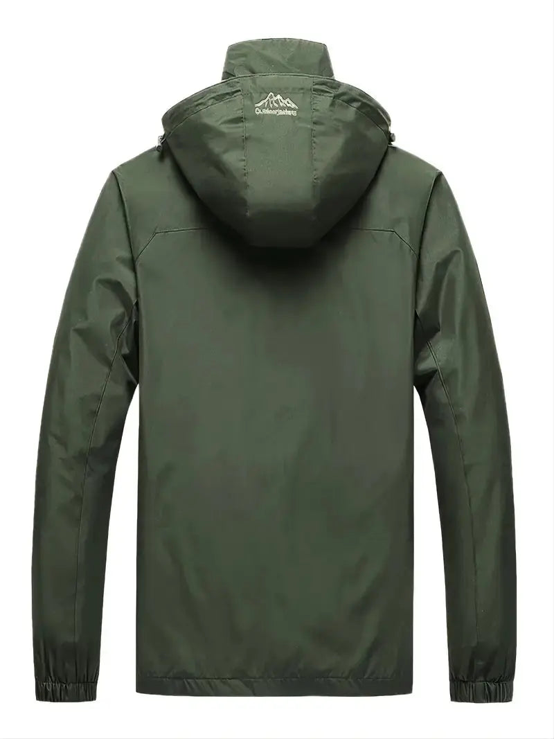 Grüne wasserdichte Outdoor-Windjacke mit Kapuze, ideal für Wandern und Camping.