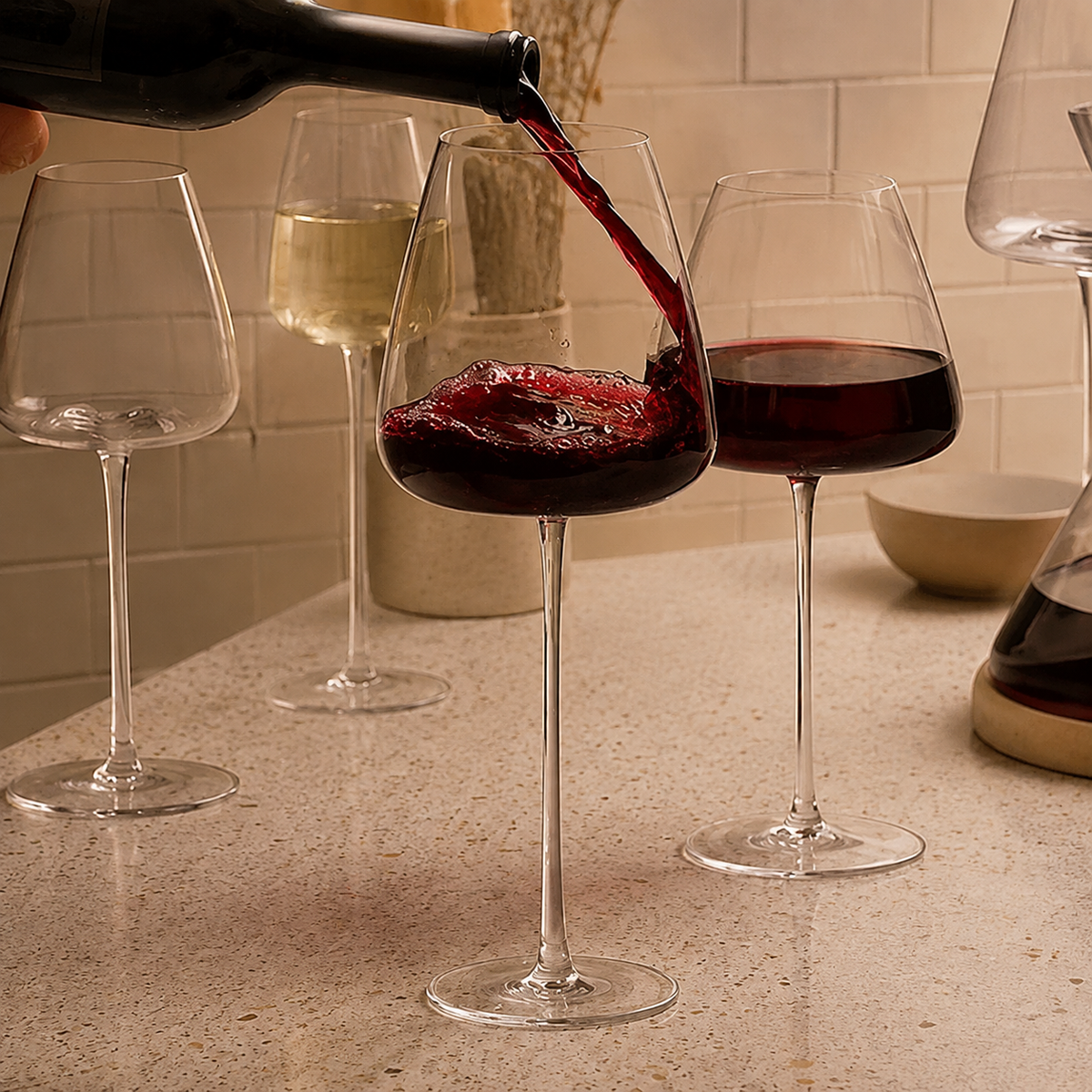 Rött vin hälls ur en mörk flaska i ett glas, med vit- och rödvinsglas runt omkring. 16