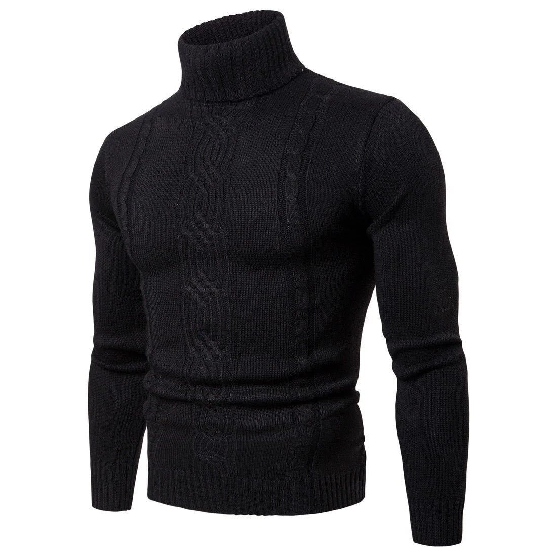 Schwarzer Herren-Rollkragenpullover, Strickmuster, Slim Fit, Wintermode, Vintage-Stil.