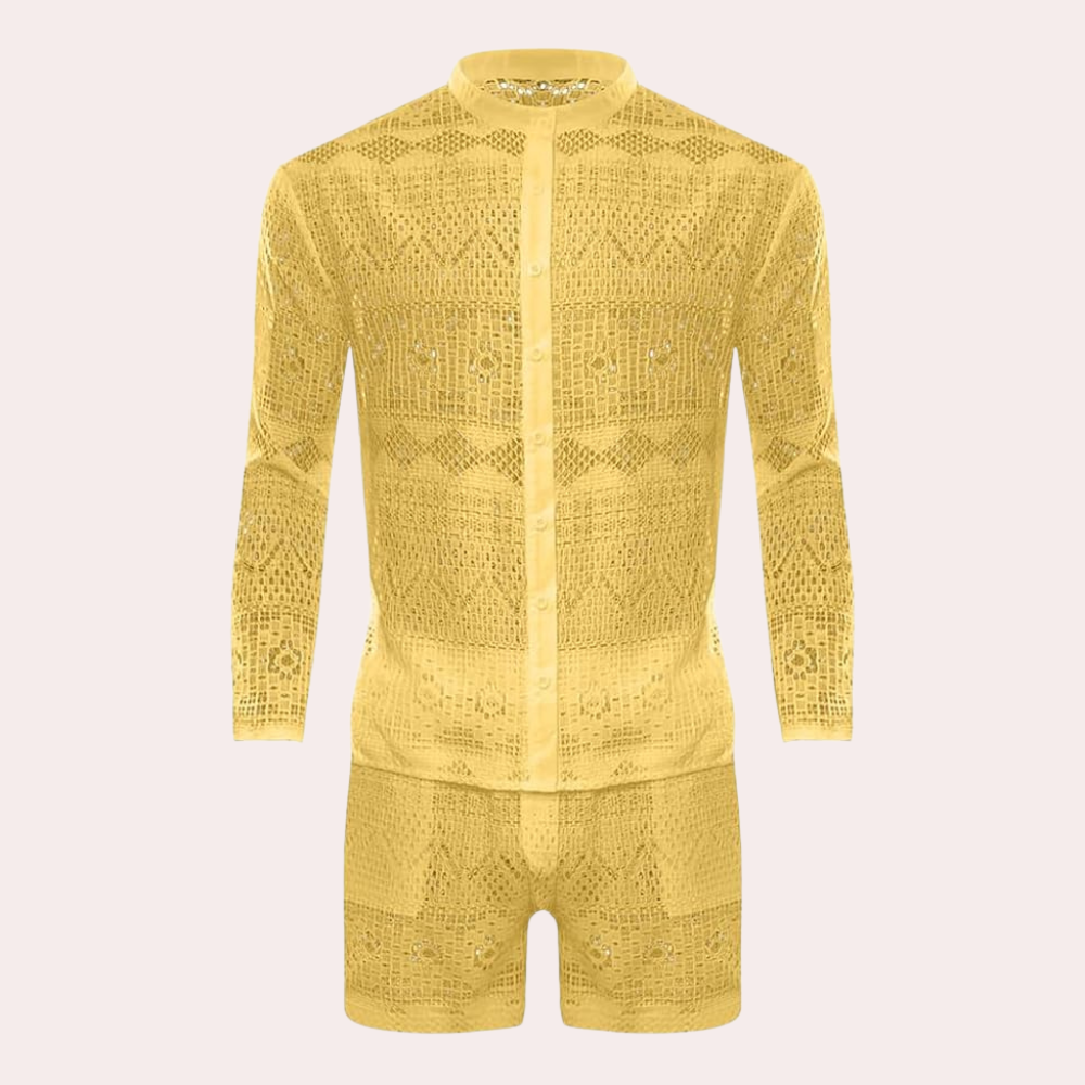 Gelbes Häkel-Set, langärmeliges Hemd und Shorts, modisch, Sommerkleidung, Unisex.