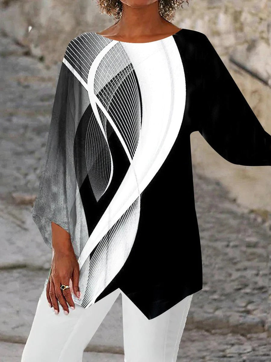 Damenbluse schwarz-weiß, abstraktes Muster, Langarm, lässig, elegant, Baumwolle, Mode.