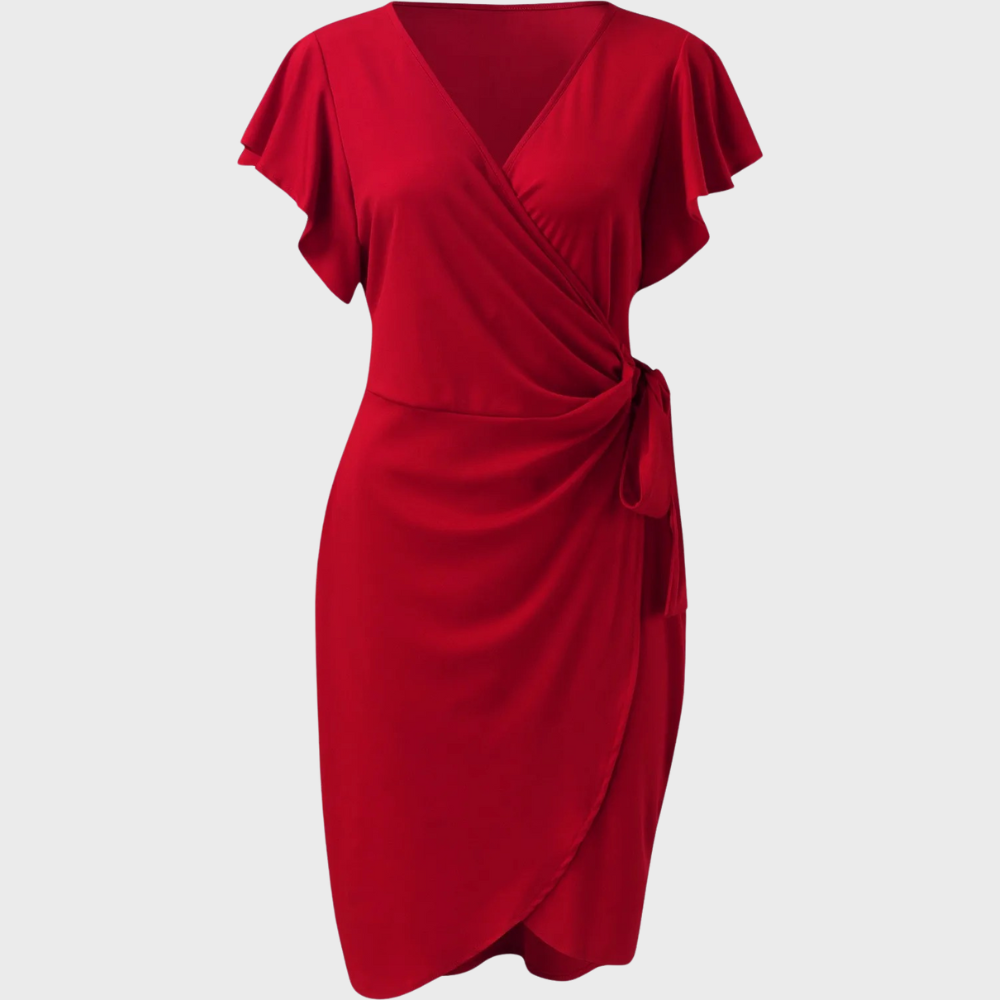Rotes Damen-Sommerkleid, Wickeloptik, Kurzarm, V-Ausschnitt, knielang, elegantes Design.