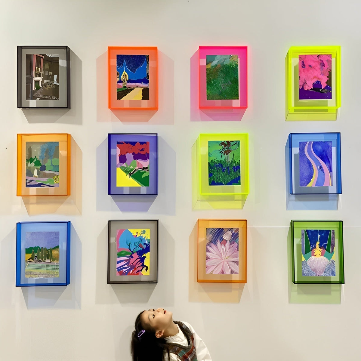 Tolv akrylramar i orange, rosa, neongult, blått, grönt och grått hänger i ett galleriliknande rutnät på en vit vägg, med ett barn nedanför. 22