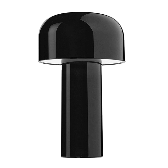 Schwarze Tischlampe, modernes Design, glänzend, zylindrisch, minimalistischer Stil.