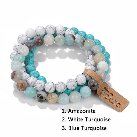 Amazonit, weißer und blauer Türkis Armband-Set, Naturstein, elastisch, Schmuck für Damen.